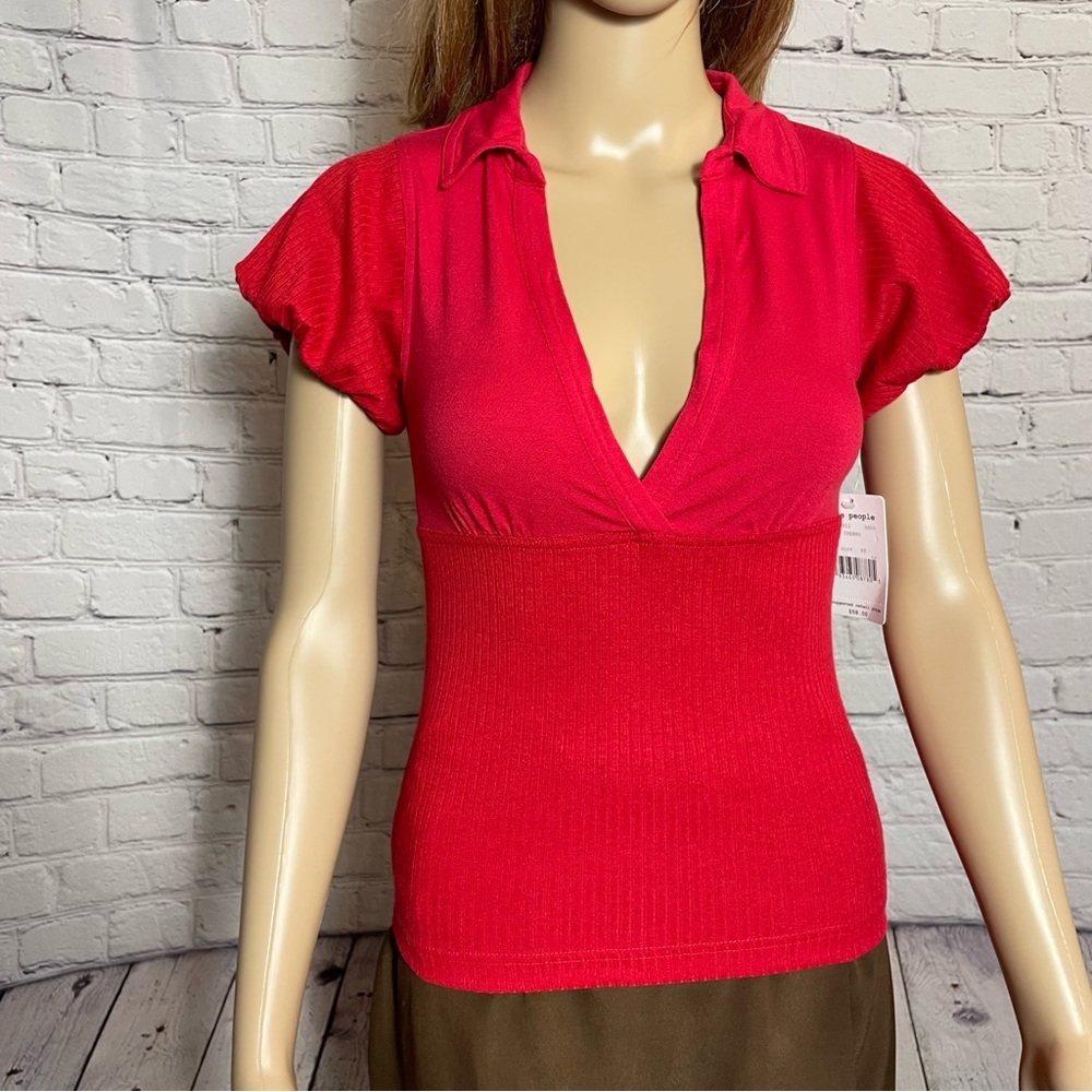 NWT New Free People Molly Red Ribbed Short Sleeve Surplice Top Size XS - Picture 13 of 15